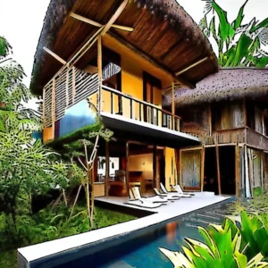 Artistic representation for A Bali villa showcases contemporary bamboo architecture Let me know if you'd like me to try another title!