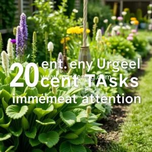 Artistic representation for 20 essential urgent garden tasks for immediate attention!